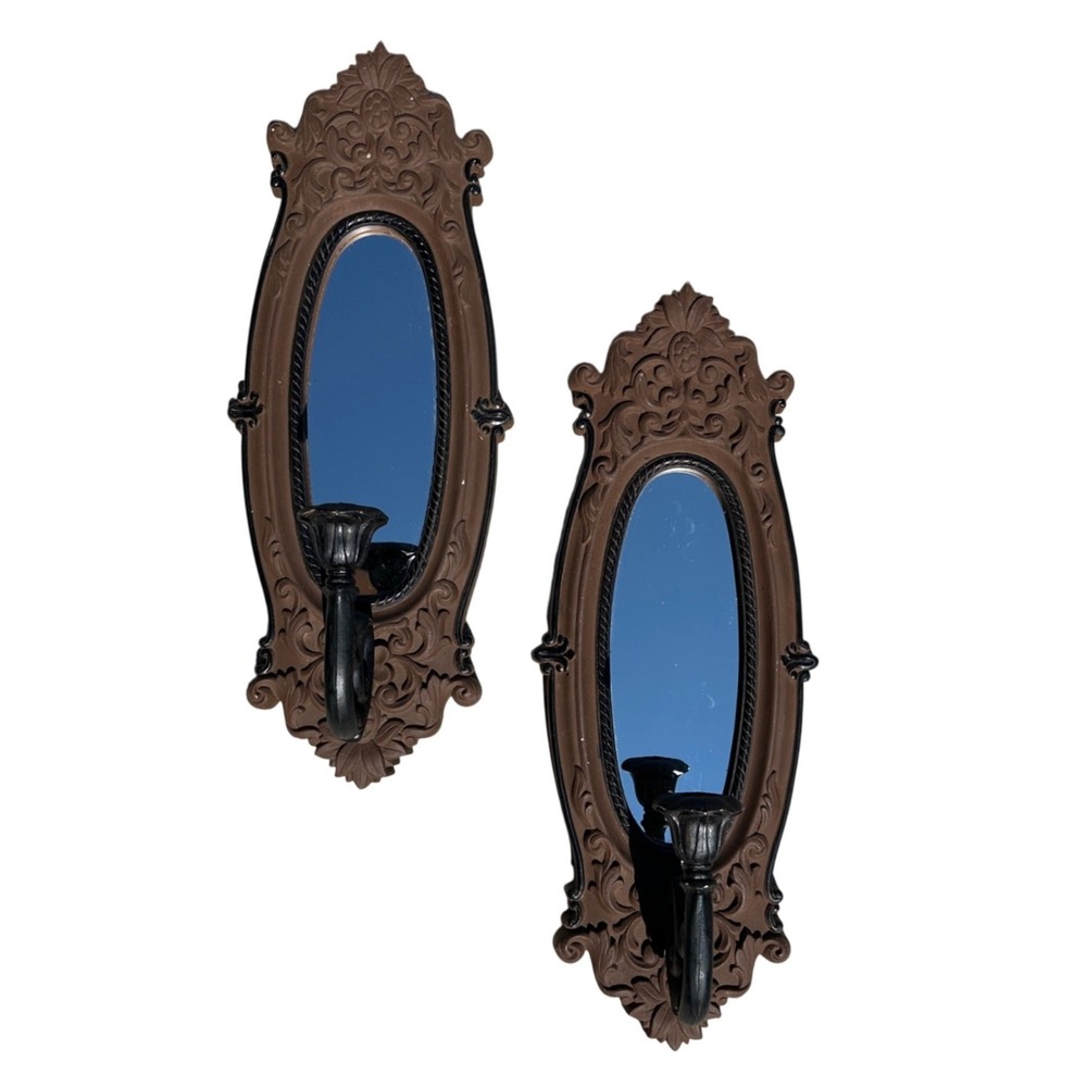 Vintage Home Interiors Ornate Brown Mirror Candle Sconce Pair 18.5" Gothic Decor
